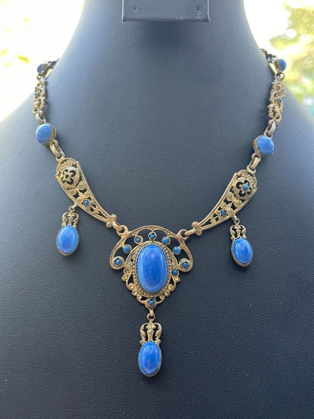 Vtg Art Nouveau Blue Glass Stone Gold Tone Necklace Signed Made in France - Picture 15 of 16